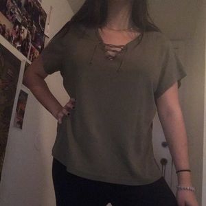 Olive green plus size top with ties neckline